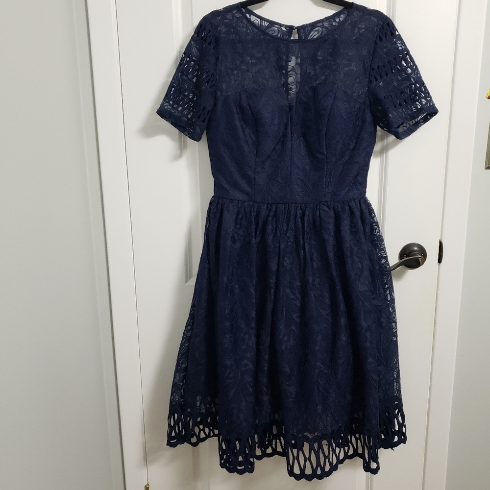 CHI CHI LONDON Navy Blue Lace Tulle Formal Dress
